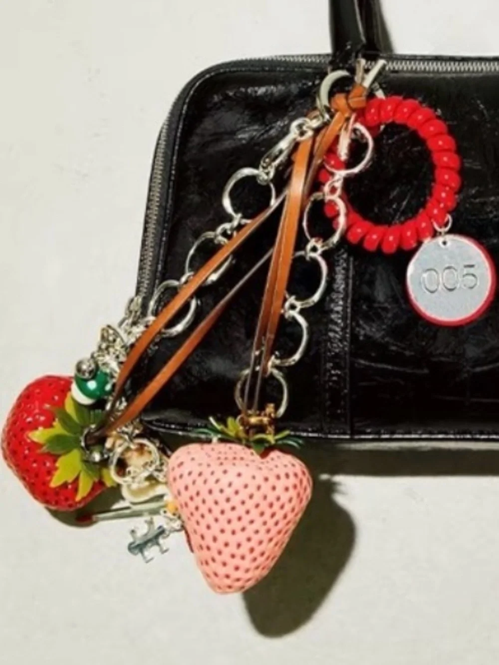Tory Burch Pink Strawberry Bag Charm with Brown Strap